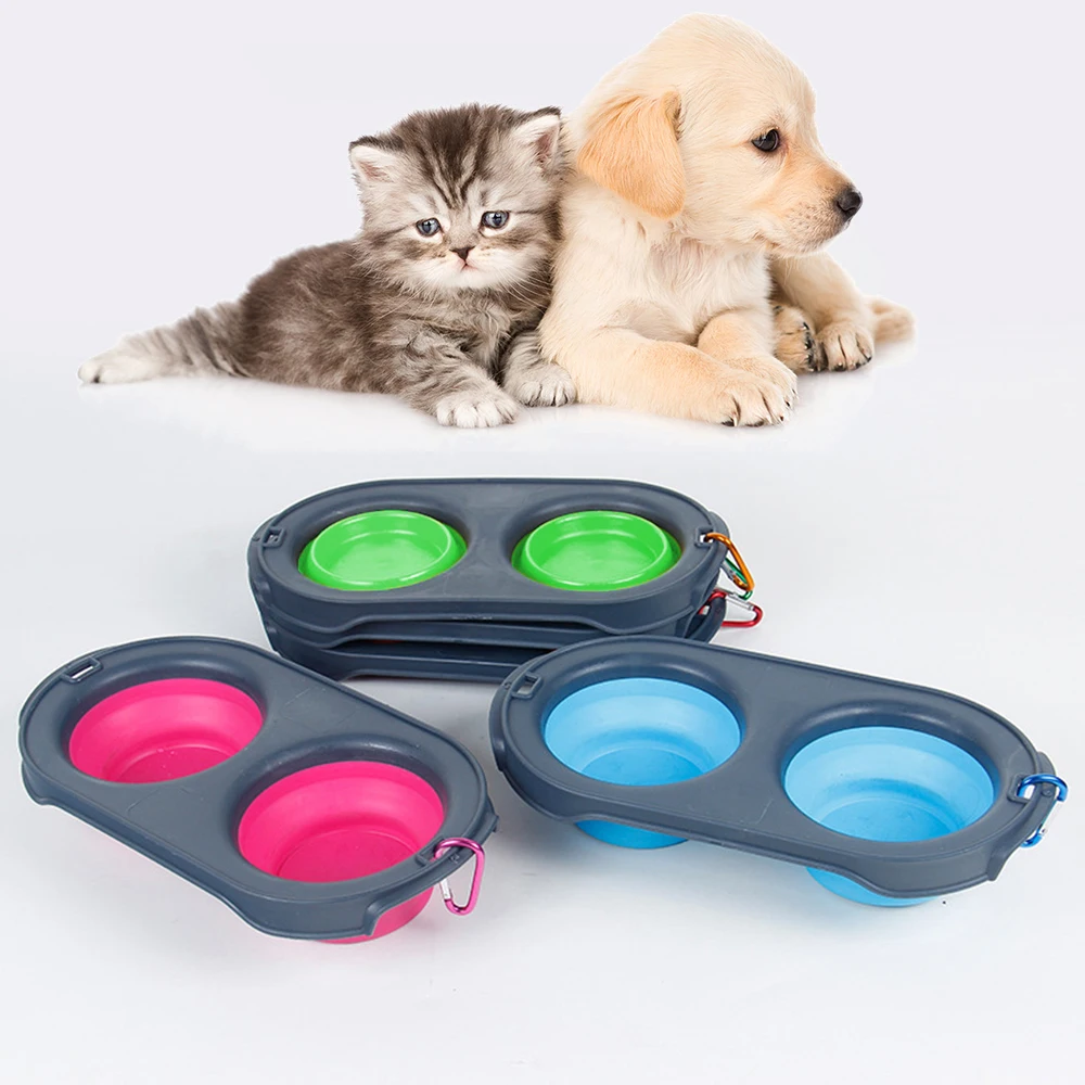 Складная Силиконовая двойная миска для домашних животных поставки кастрюль