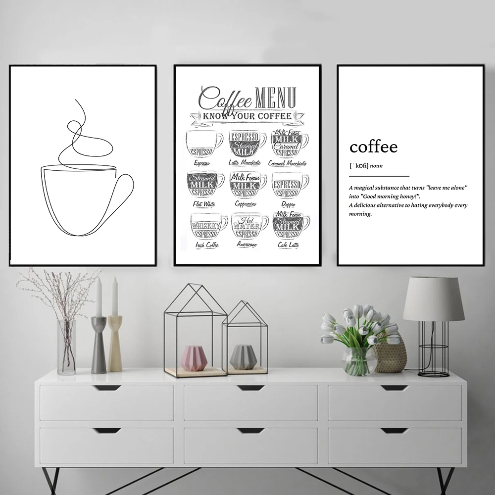 

Nordic Coffee Guide Menu Wall Pictures Art Print Black White Simple Line Coffee Mug Canvas Painting Cafe Shop Poster Wall Decor