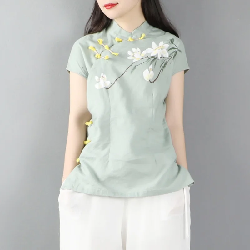 

China Traditional Tang Suit Casual Vintage Hanfu Blouse Clothing Chinese Style Harakuju Printing Women Short Sleeve Qipao Tops