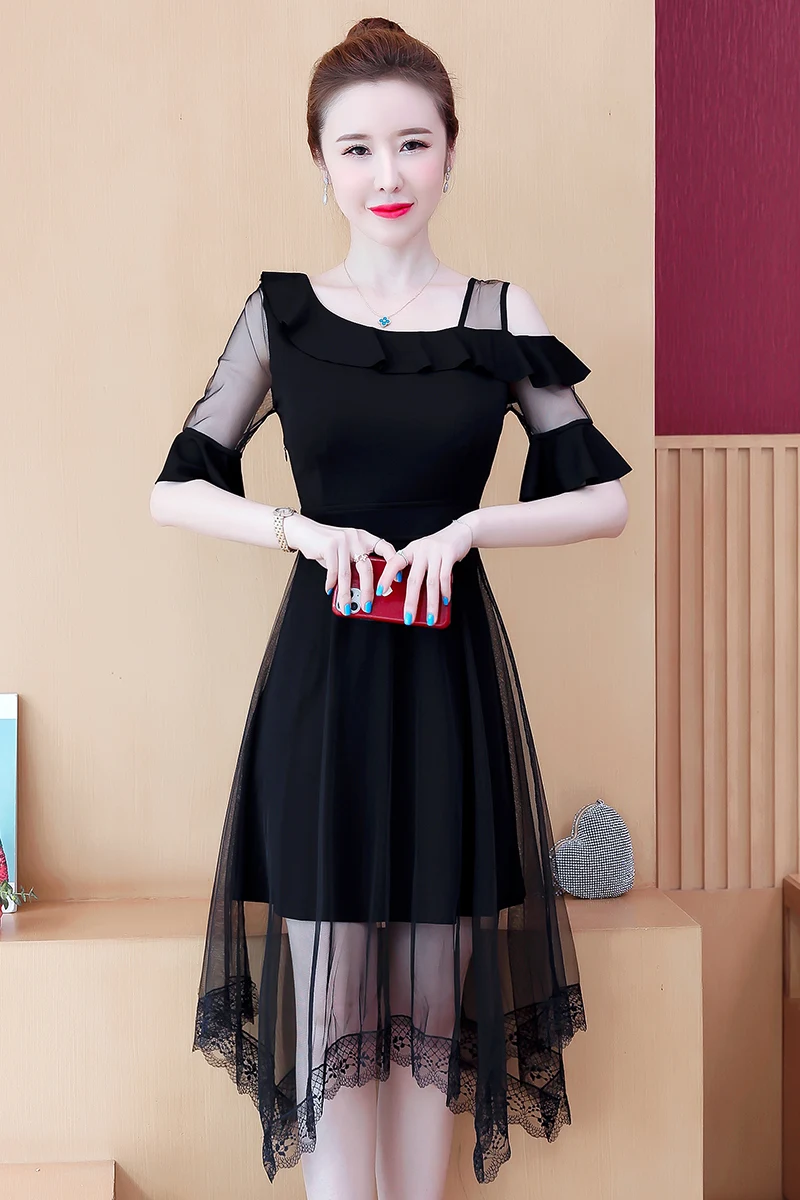 

COIGARSAM Women One Piece Korea Dress Summer 2021 Office Lady Patchwork Short Sleeve Lace Mesh O-Neck Dresses Traf Robe Vestidos