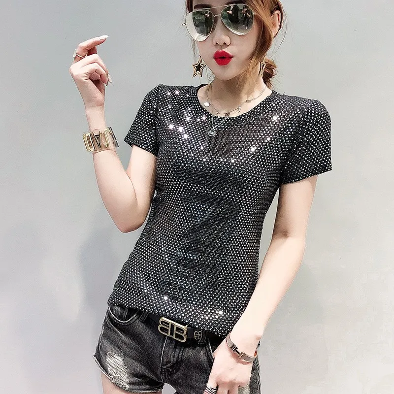 

New Fashion Women Bling T-shirt Summer Short Sleeve Slim Fit Tees Female Cloth Top O Neck Stretchy Night Clubwear T-shirt