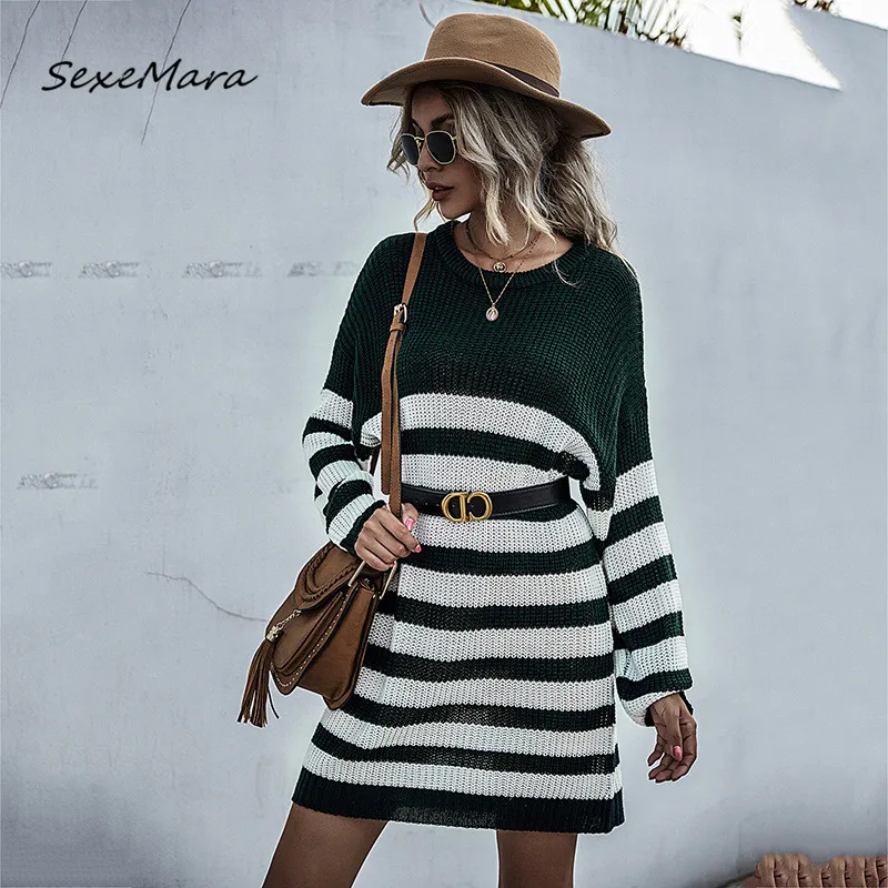 Осеннее повседневное женское платье свитер 2020 модное Полосатое мини с круглым