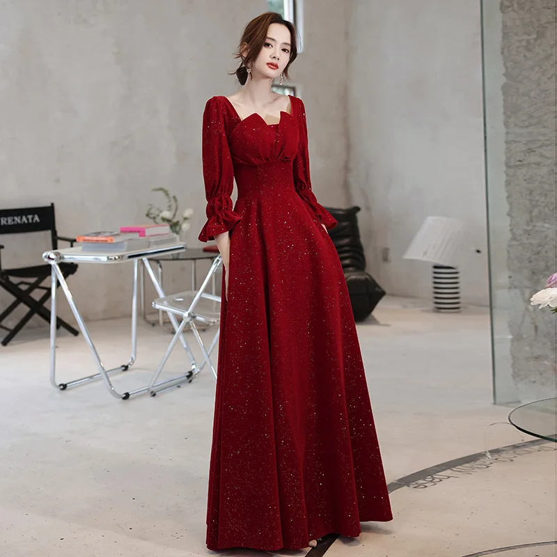 

Women Velour Evening Dress Sexy Strapless Floor-Length Pleated Dresses Bud Sleeve Bride Wedding Banquet Long Skirts Prom Gown