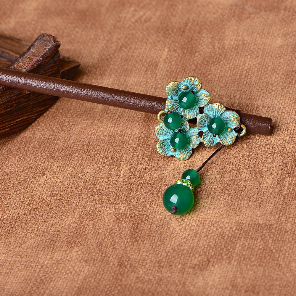 Шпилька для волос с нефритовым камнем и цветами Очаровательная ювелирные