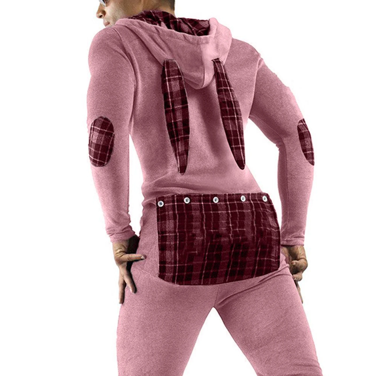 

Imcute Men's Bodycon Romper Jumpsuit Sleepwear HomeWear Long Sleeve Rabbit Ears Hooded Button Collar Long Pants Open Hip Pajamas
