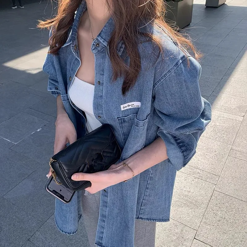 Куртка женская джинсовая однобортная с длинным рукавом винтажный жакет из