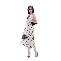 21ltl2202 new fashion printed sexy young beach casual white polka dot sleeveless slimming silk dress for young women