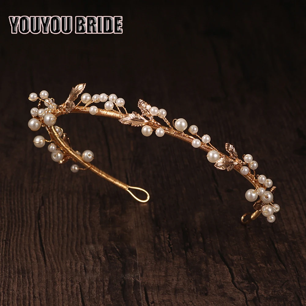 

YOUYOU BRIDE Bridal Hair Crown Gold Color Leaves Headdress Pearl Wedding Tiara Princess Headband Accessories Purely Handmade