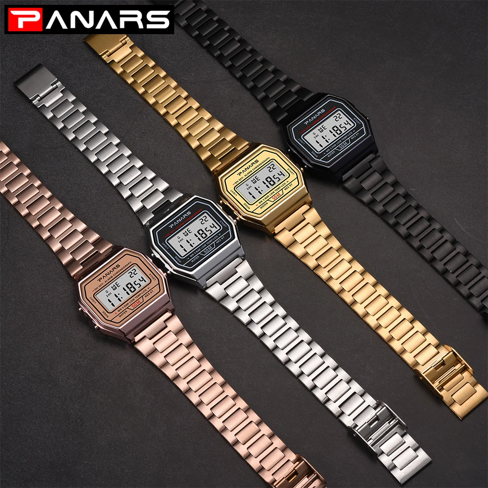 PANARS Men Waterproof Digital Watch Gold Color Stainless Steel Band Watches Women Sport Simple Fashion Wristwatch | Наручные часы