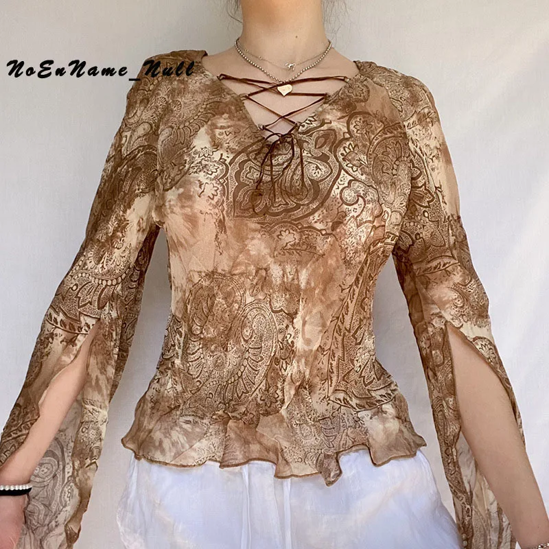 

Fashion screen print contrast color personalized cross lace up open navel long sleeve split T-Shirt Transparent Mesh Crop Top