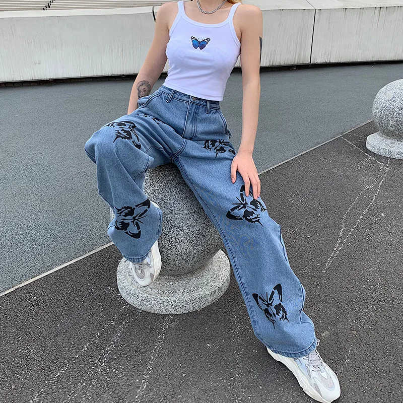

2021 New Summer Vintage Jeans Woman Long Trousers Cowboy Female Loose Streetwear Butterfly Print Pants ZA4110