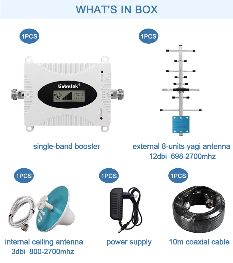 

Lintratek AGC Signal Repeater 2G GSM 900 3G WCDMA 2100 UMTS B5 850 4G LTE 1800 DCS Cellphone Cellular Booster Amplifier Set New