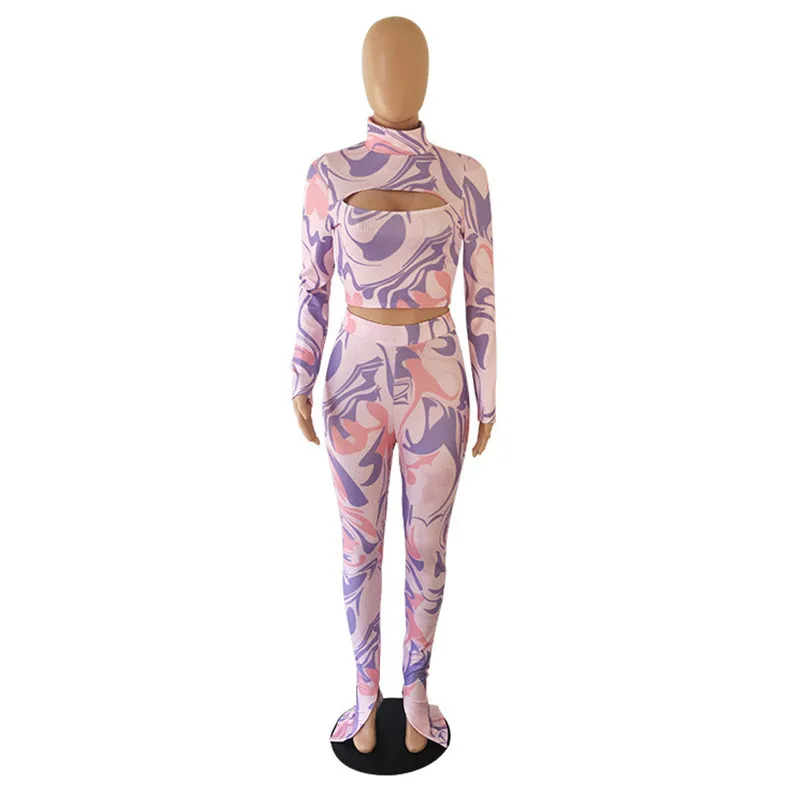 

2021 Women's Fashion Casual Slim Tracksuit Ribbed Tie-Dye Long-Sleeved Short Top And Trousers Two-Piece Suit