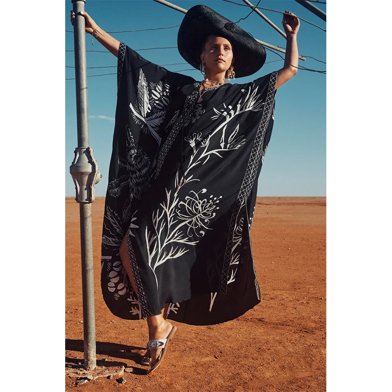 Женское кимоно Кафтан Макси платья с сетчатым принтом Blakc синее свободное бикини