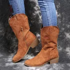 Женские ковбойские ботинки на плоской платформе, кожаные ботинки на меху, модные ботинки с круглым носком на высоком каблуке, Осень-зима