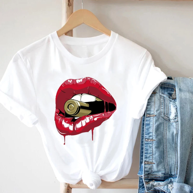 

Cool Anime Design Women's Fashion T-Shirt Bullet Lip Graphic Printed Women's T- Shirts For Summer Korean Style Women's Clothing