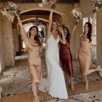champagne bridesmaid dresses a line spaghetti straps knee length satin burgundy formal wedding party gowns custom made 2021