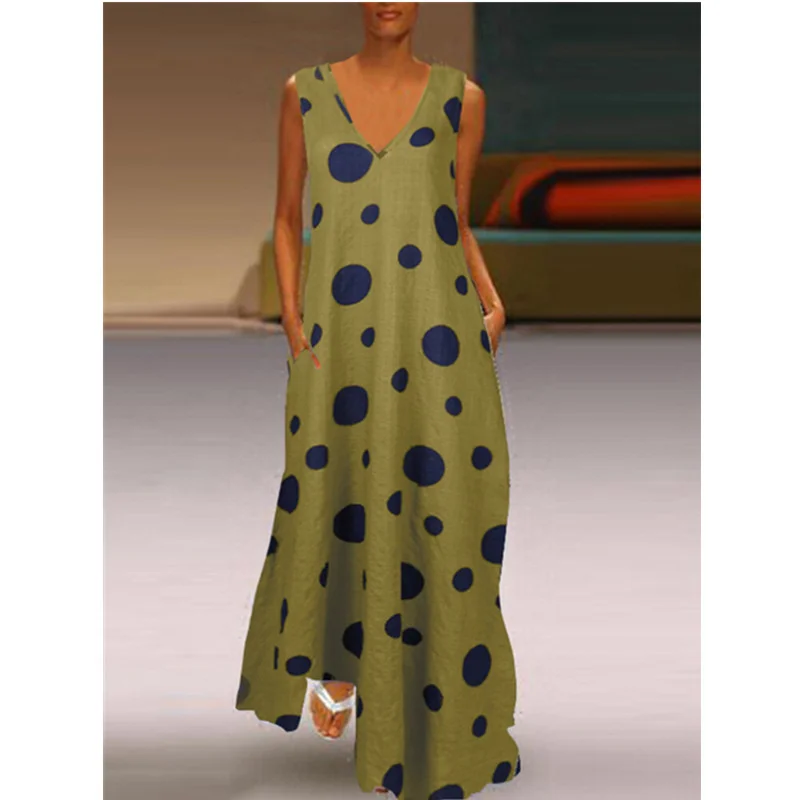 

Женское летнее платье-макси без рукавов с леопардовым принтом и V-образным вырезом