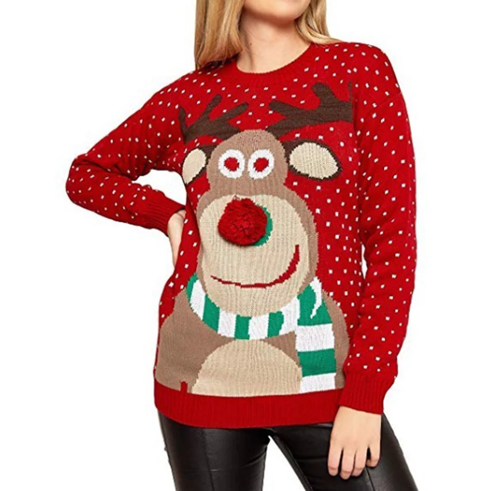 Рождественский женский свитер с рождественским оленем теплый вязаный красный