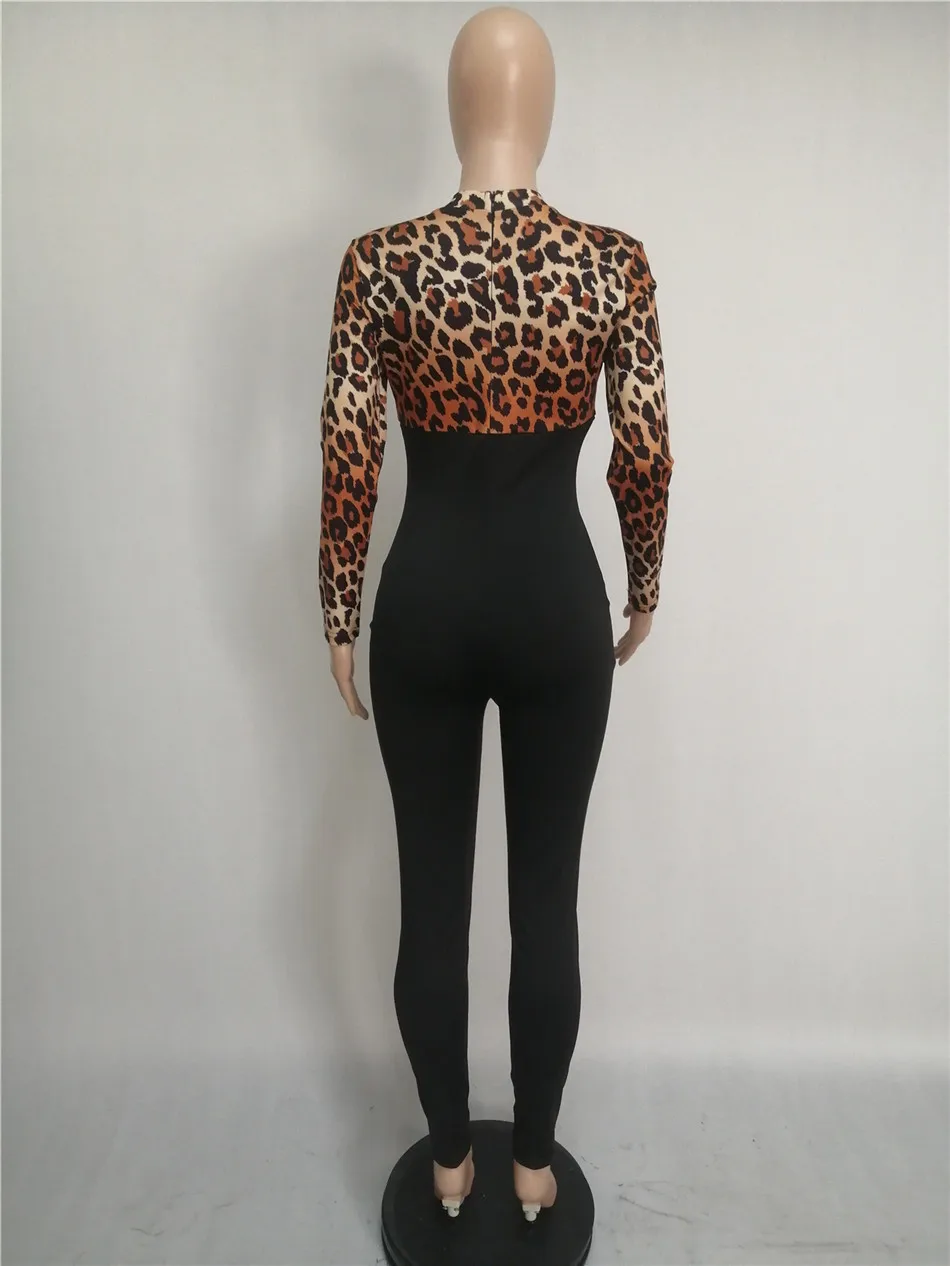 

Women Bodysuits Leopard Printed Vintage One Piece Sexy Long Sleeve Hollow Out Bodycon Jumpsuit Casual Stretchy Party Rompers