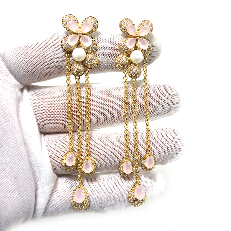 

98MM Luxury Flower Nigerian Tassels Long Dangle Earrings For Women Wedding Zircon Crystal CZ Indian Bridal Earrings