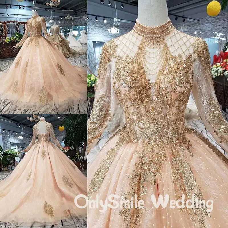 Роскошные с длинными рукавами мусульманский Свадебные платья высоким воротом