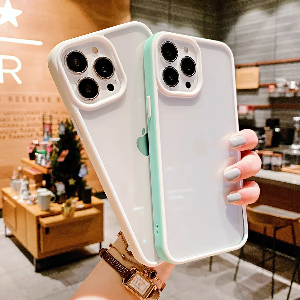 

Transparent 2 in 1 Candy Color Bumper Phone Case For iPhone 13 12 11 Pro Max XR X XS Max 7 8 6 6S Plus Silicone Shockproof Cover
