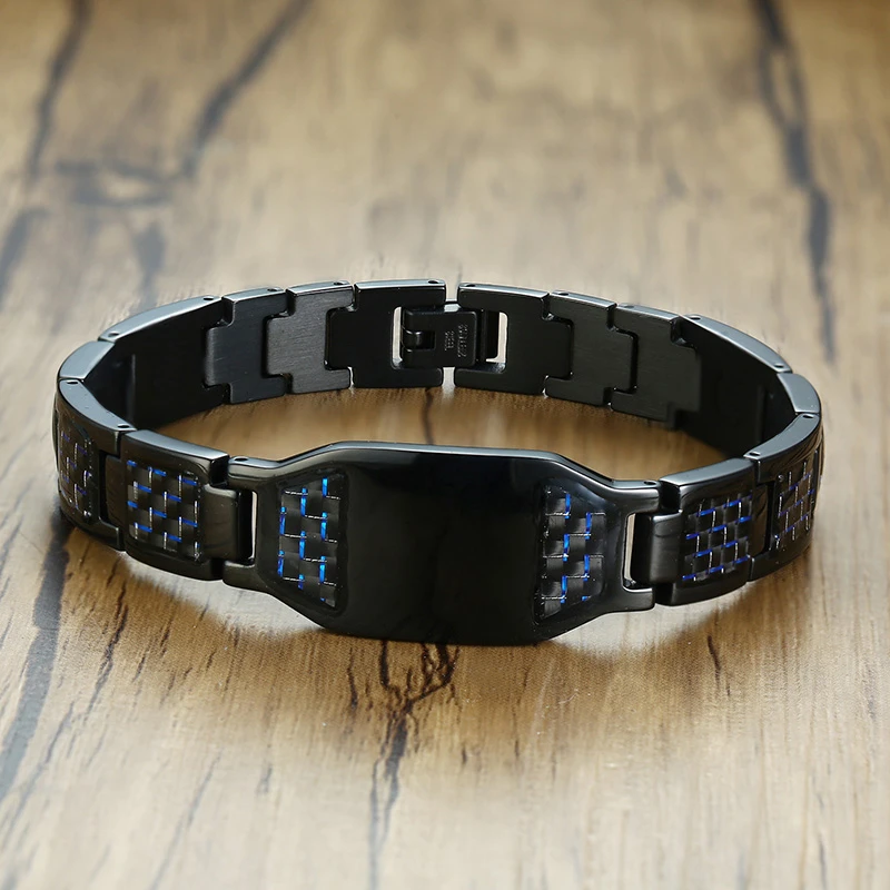 Мужской браслет на запястье из нержавеющей стали с синей вставкой углеродного