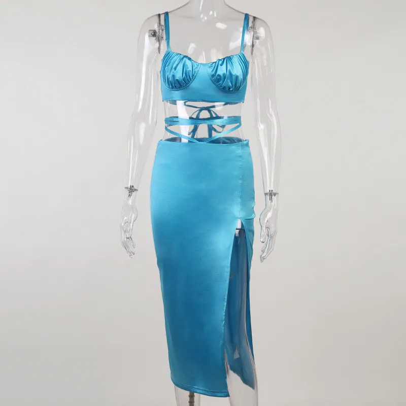 

Summer Sexy 2 Piece Set Women Casual Solid Folds Backless Vest Sleeveless And Bandage Midi Skirt Matching Sets Female Tracksuit