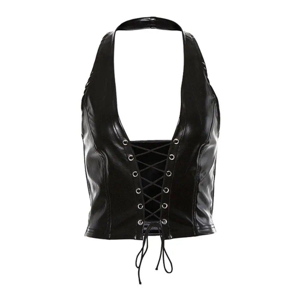 

Gothic Punk Crop Top Women Crisscross Strap Sleeveless Slim Clubwear Corset Soft Streetwear Camisole Leather Hollow Vest Se W3Z7