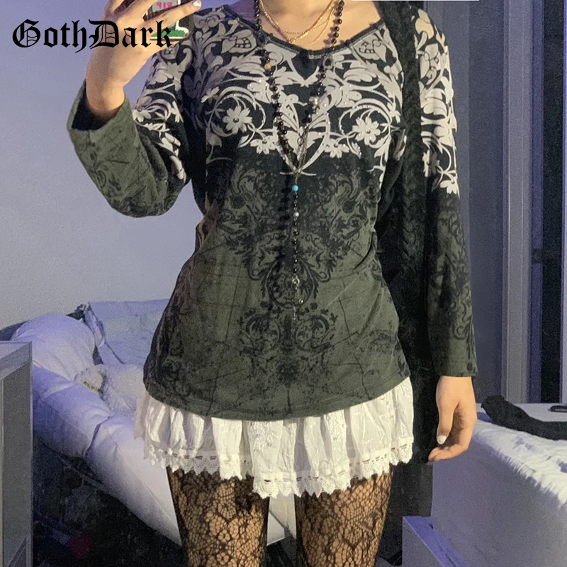 

Goth Dark Fairygrunge Vintage Printing Women T-shirts Gothic Rhinestone Autumn Long Sleeve Tops Aesthetic Fashion Streetwear Top