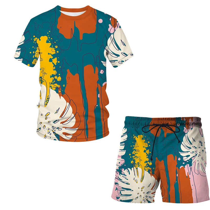 

2021 Men Casual Art graffiti Shorts New Shorts Mens Summer Casual Cool Short Pants Male Shorts + T shirt Suit Sets swim pants