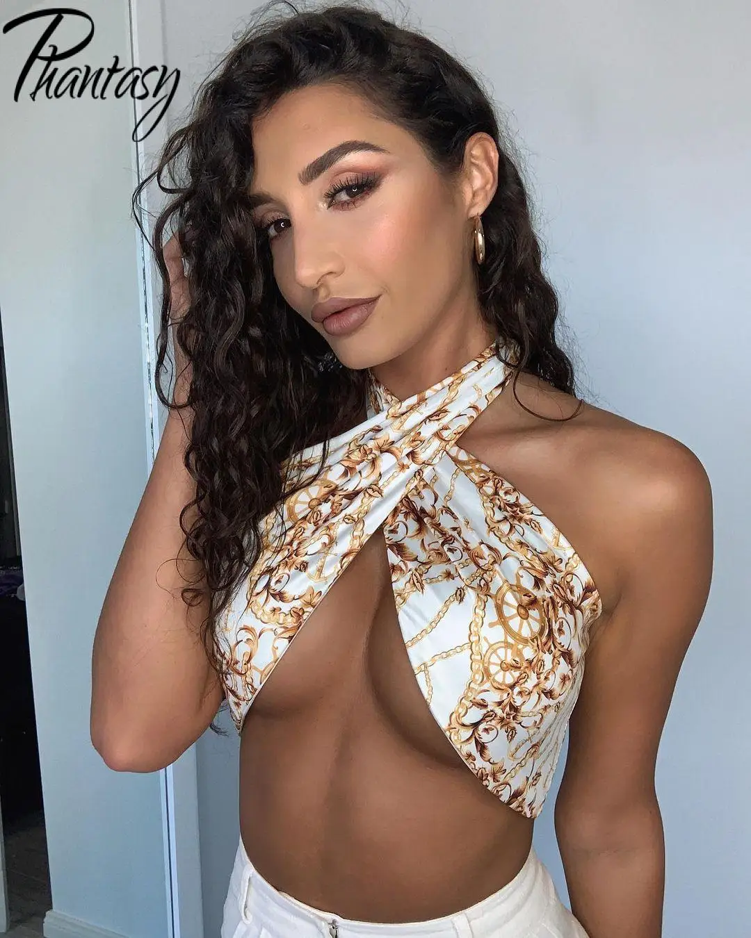 

Phantasy Summer Women's Clothing Slim Tops Sexy Backless Lace-Up Corset Fashion Printing Halterneck Tank Top Female Bandage Tops