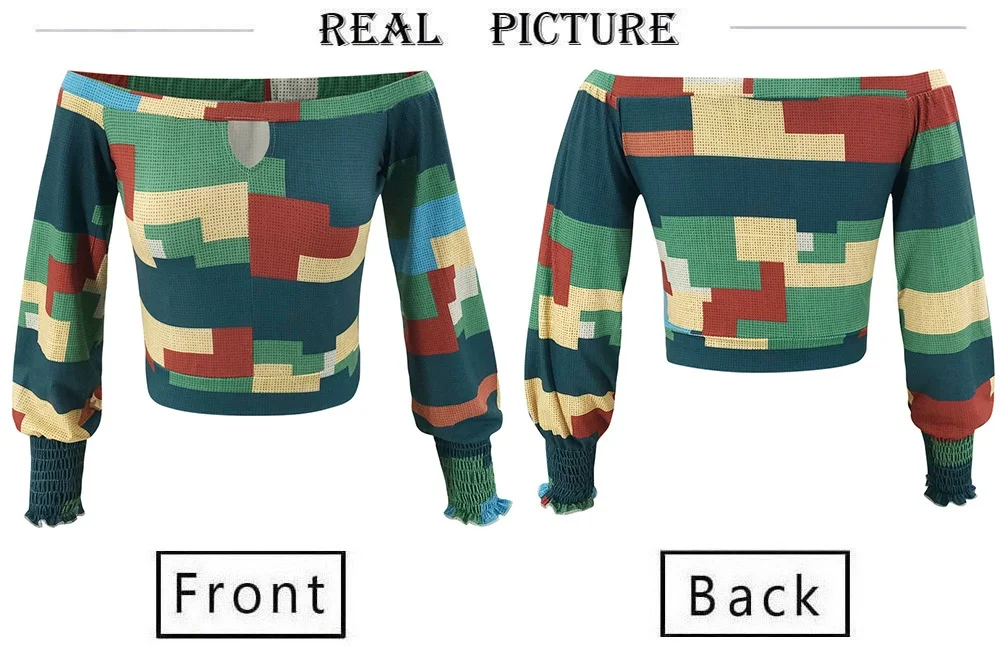 

Sexy Women Spring Autumn T-Shirts One-shoulder Long Lantern Sleeve Print Top