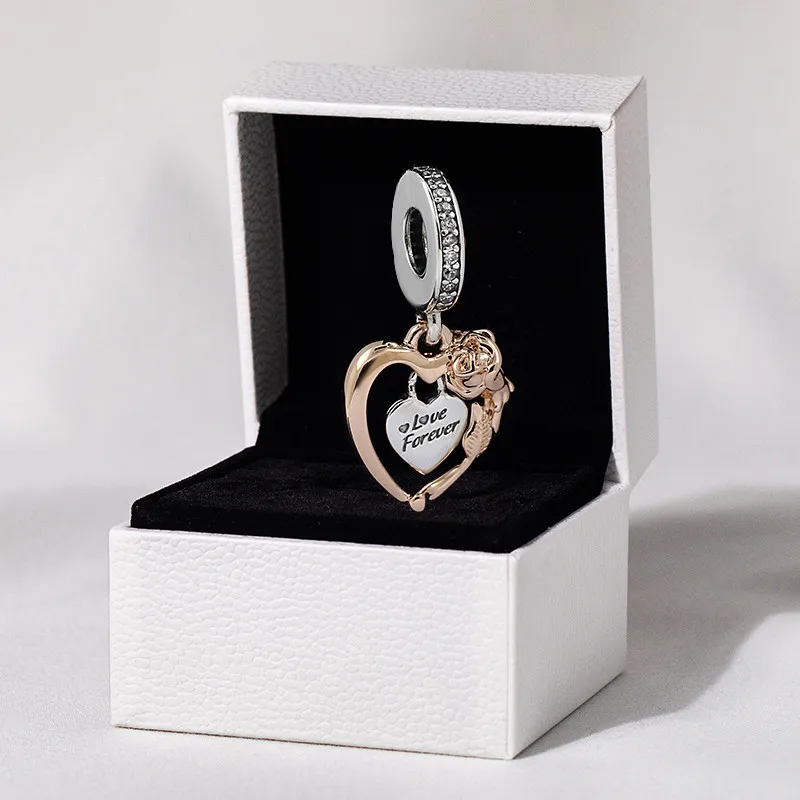 

2021 New Valentine's Day Heart Rose Flower Dangle Charms 925 Sterling Silver Fit Bead Bracelets Gift DIY For Women Jewelry