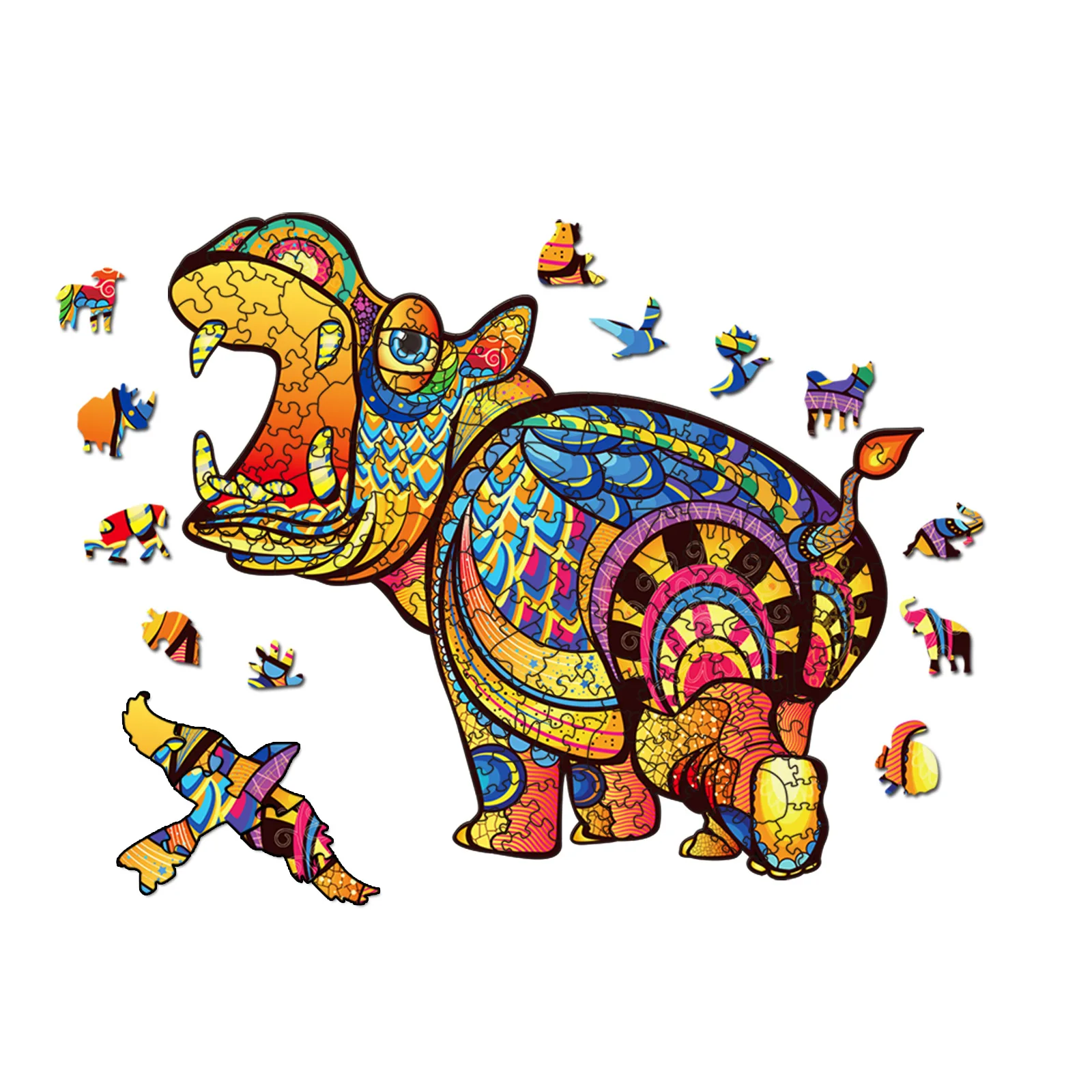 

New Hippo Big Mouth Wooden Puzzle Unique Shape Irregular Animal Jigsaw Game Gift Box Rainbow Piece 100 LMS 3 Size 450g for Kids