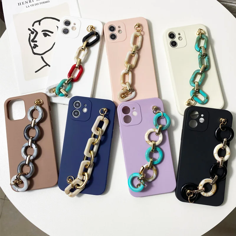 

Luxury Agate Stone Metal Chain Wrist Bracelet Case for iPhone 12 Pro Max 11 11pro X XS max XR 7 8 Plus SE 2020 Plain Soft Cover