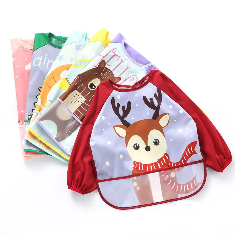 

Infant Baby Bibs Waterproof Colorful Cute Cartoon Bandana Children Eating Feeding Bibs Long Sleeve Drawing Apron Baby Accesories