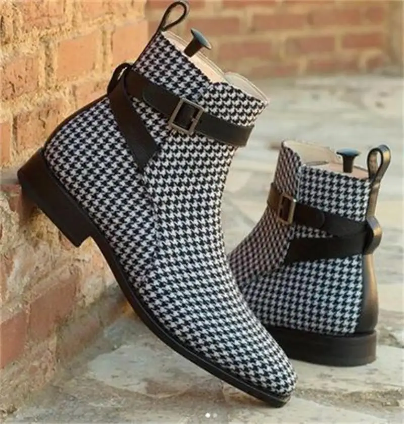 

Men's Handmade PU Classic Black and White Plaid Low Heel Pointed Belt Buckle Fashion Ankle Boots Fashion Casual All-match HL274