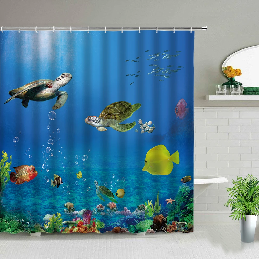 

Sunlight Ocean Sea Turtle Shower Curtain Set Tropical Fish Dolphin Waterproof Fabric Hanging Curtains With Hooks Bathroom Decor