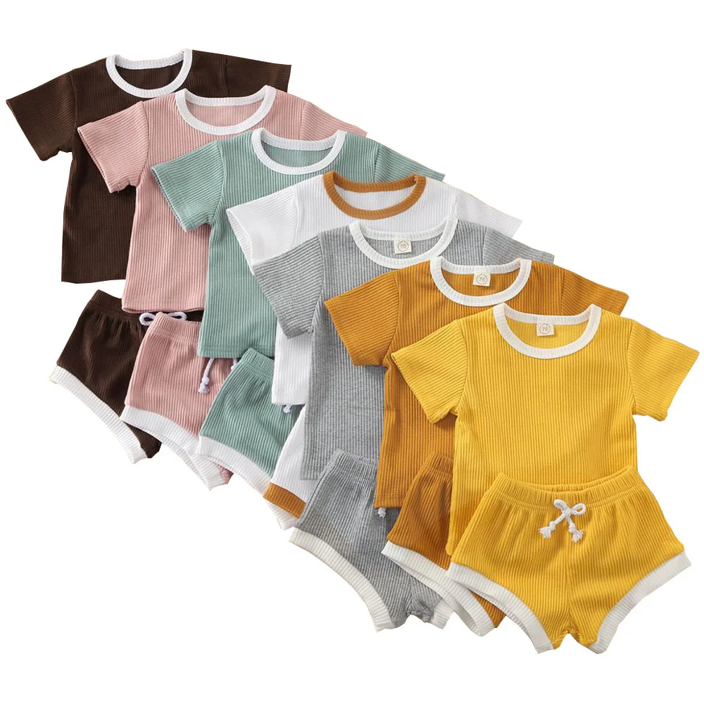 

2020 Baby Boy Girl Summer Clothes Newborn Baby Girl Boy Outfits Short Sleeve Tops T-shirt+Shorts Ribbed Solid Clothinh Set 0-3T