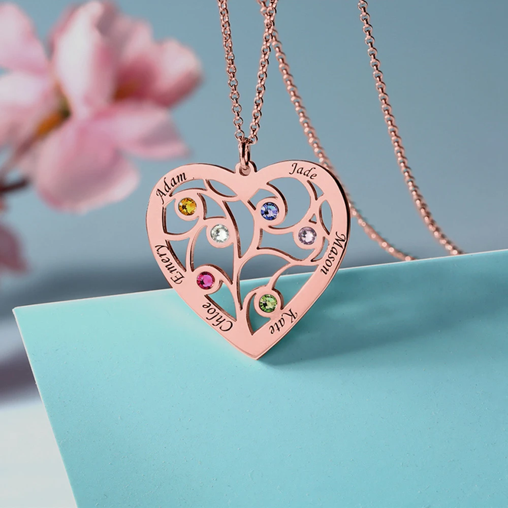 

Uonney Wholesale Jewelry Manufacture Custom Birthstone Necklace Heart Family Tree Necklace Engraved With Name Birthstones