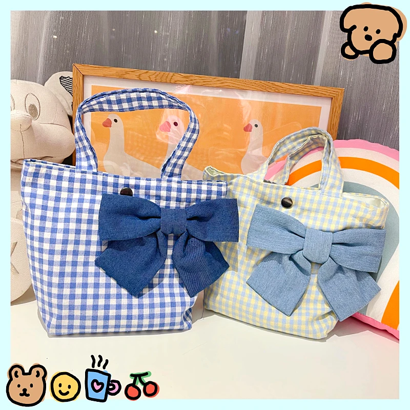 

Vintage Bowknot Shoulder Bag Women Korean Plaid Large Capacity Canvas Shopping Bags For Student Cute Small Handbag Female MO109