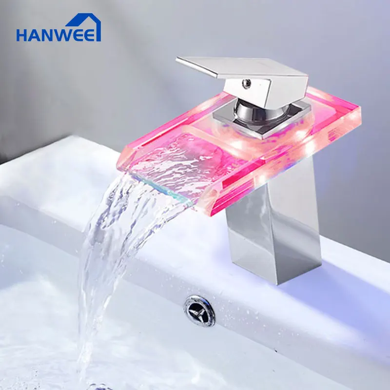 Светодиодный смеситель для раковины латунный кран Водопад с регулировкой