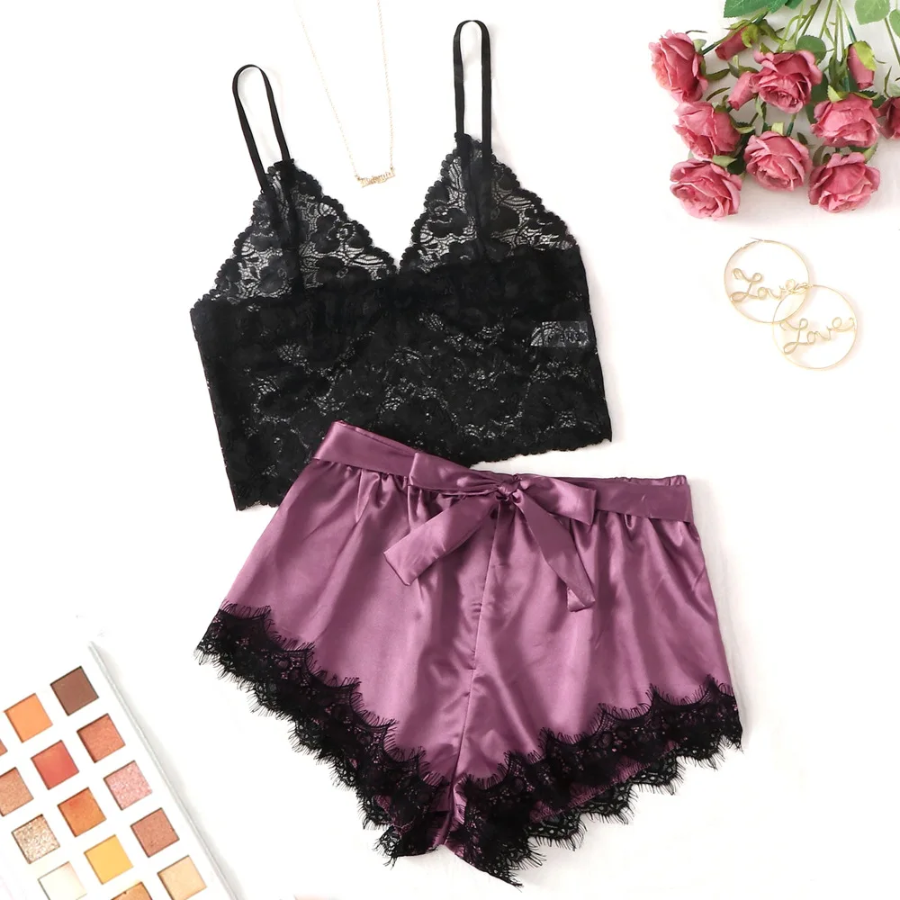 

Women Sleep Wear Sexy Lingerie Satin Lace V-Neck Camisole Shorts Set Sleepwear Pajamas Women Sexy Clothes 2021