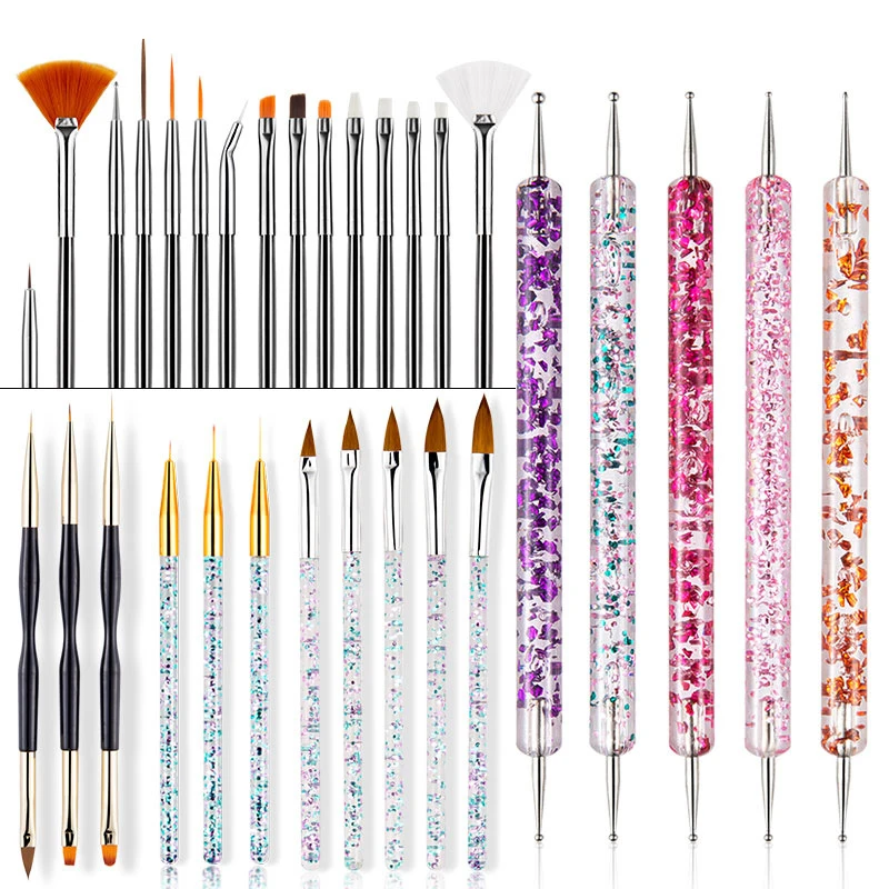 

20Pcs Nail Art Brush Design Tips Painting Drawing Carving Dotting Pen Builder Flat Fan Liner Acrylic Gel UV Polish Tool Manicure
