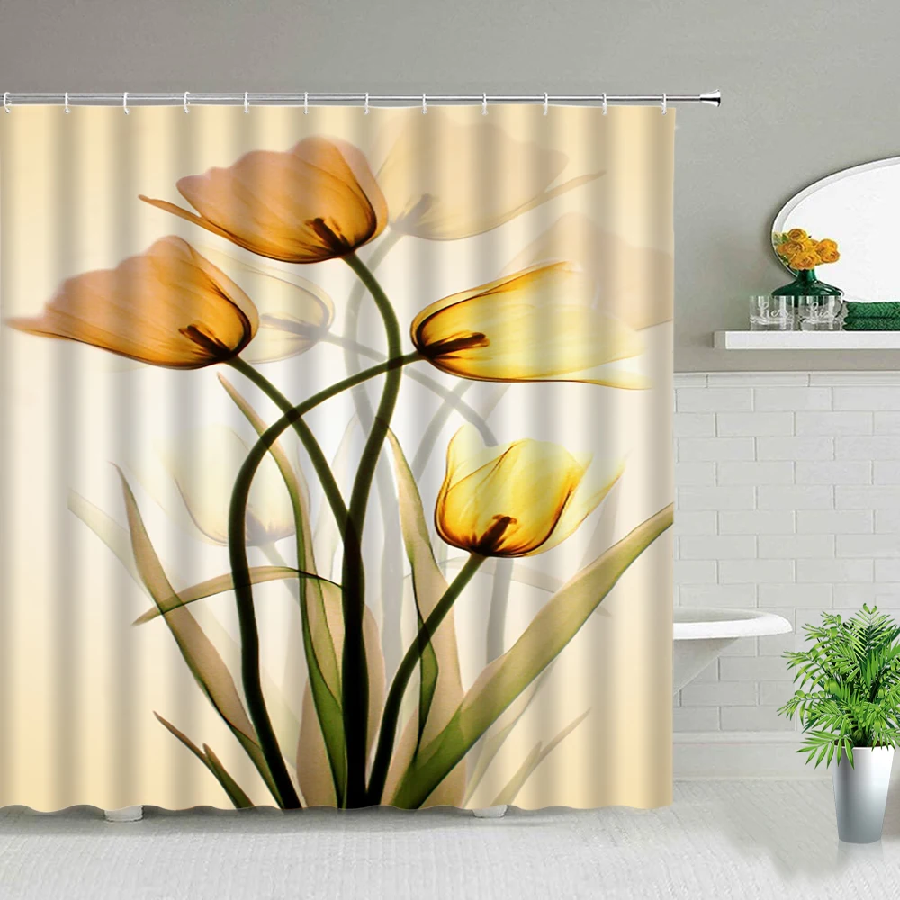 

Colorful Tulip Flower Shower Curtains Flowers Plant Bathroom Decor Wall Decor Bathroom Screen Waterproof Polyester Curtain Set