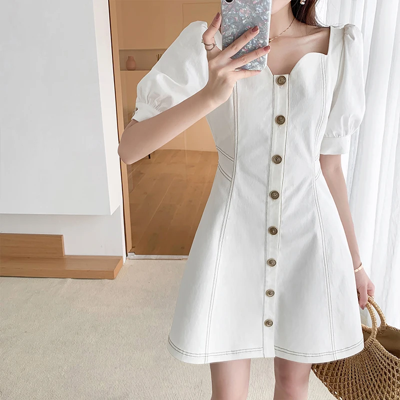 

2021 Summer New Square Collar Puff Sleeve Date Temperament Waist-Controlled White Dress Female French Entry Lux Slim White Dress