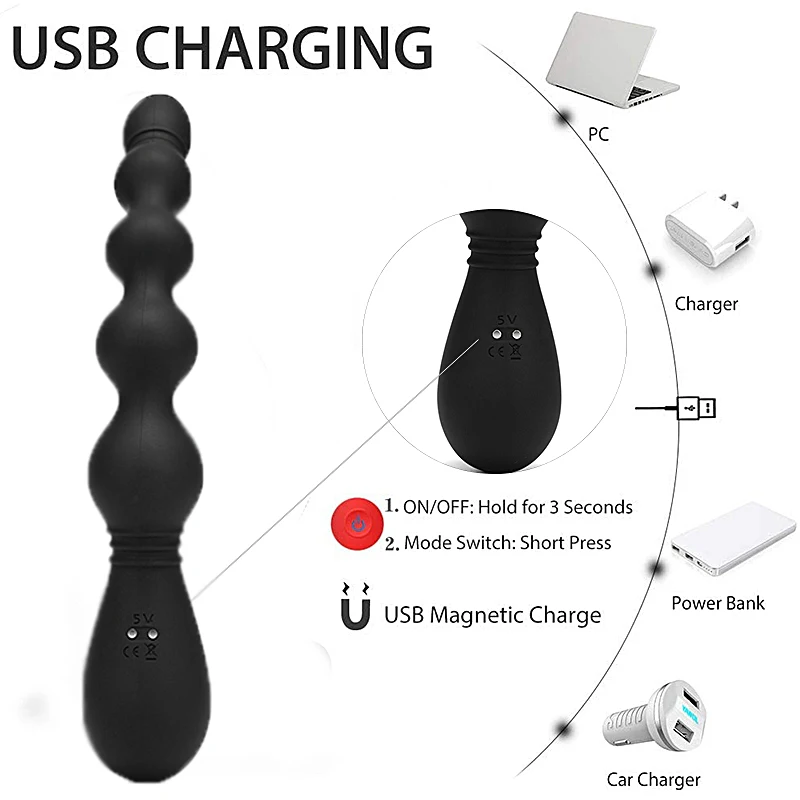 Вибрирующие анальные бусы Анальная пробка-Гибкая силиконовая 9 режимов вибрации