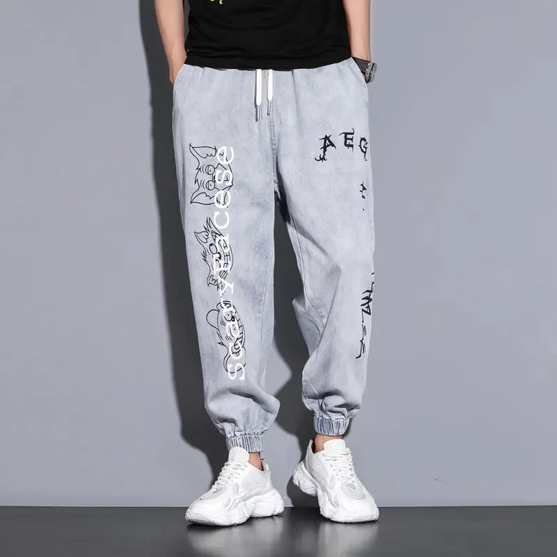 Mens Jeans Brand Letter Printed Ankle Banded Men's Cargo Pants Straight Loose Casual Streetwear Trousers Hip Hop Ripped Jeans